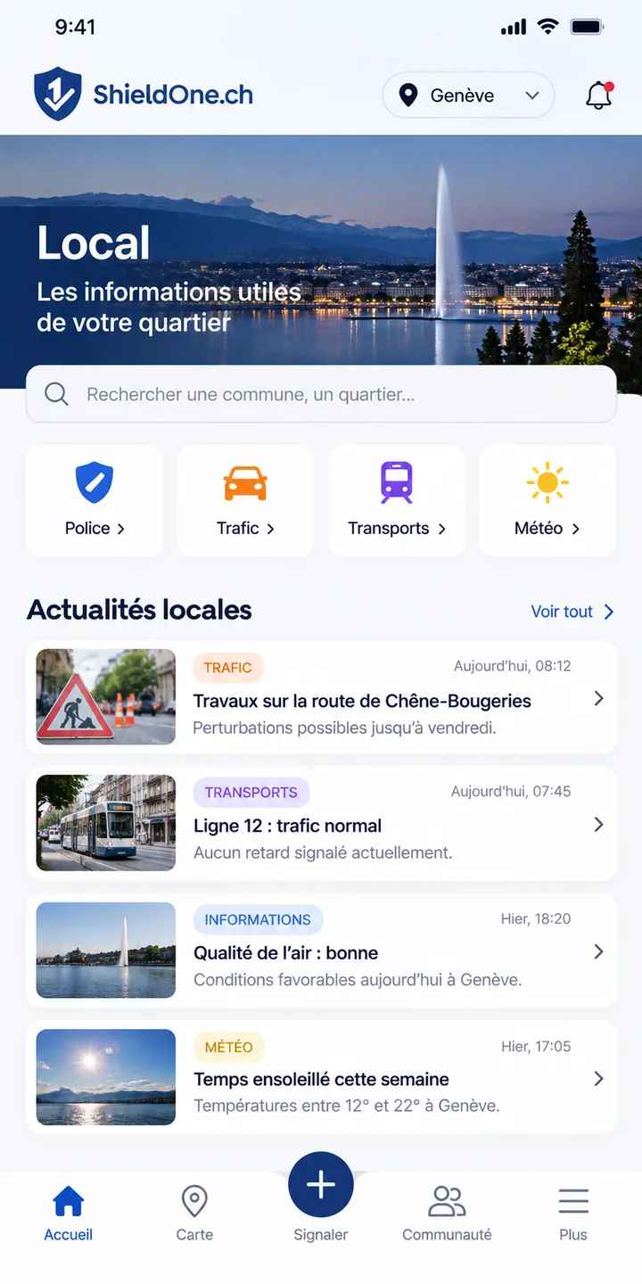 Illustration de l'écran d'accueil Local de l'application : recherche d'une commune, raccourcis Police, Trafic, Transports et Météo, actualités locales.
