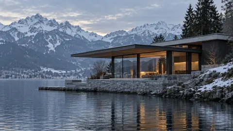 Illustration : maison au bord d'un lac, sous les montagnes, à la tombée de la nuit.