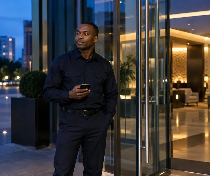 Illustration : une personne en tenue sombre devant l'entrée vitrée d'un immeuble, un téléphone à la main.