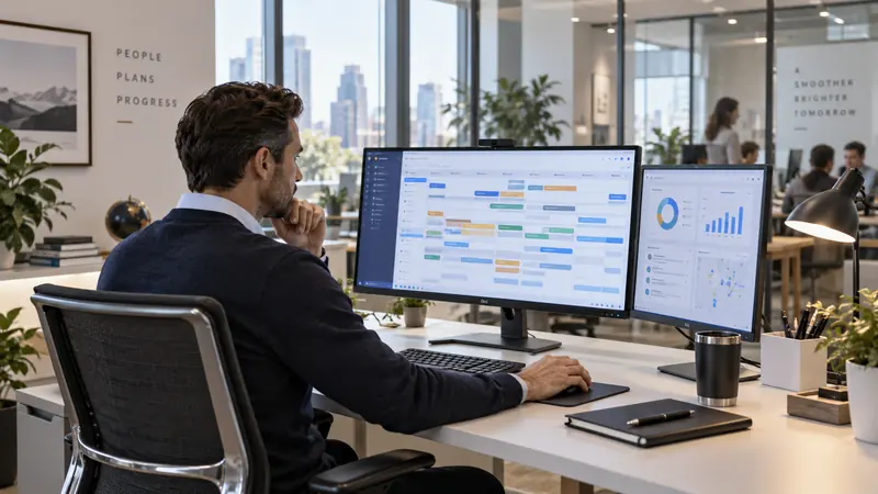 Illustration : poste de travail avec deux écrans affichant un planning et des tableaux de bord.