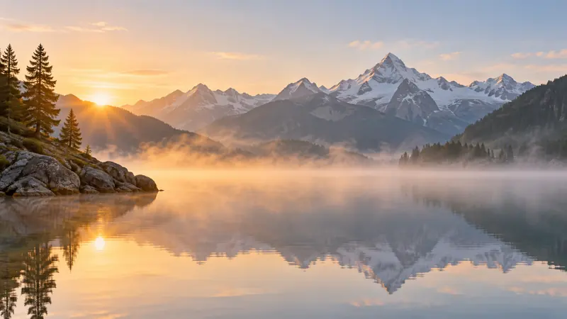 Lever de soleil sur un lac de montagne, avec de la brume sur l'eau et des sommets enneigés.