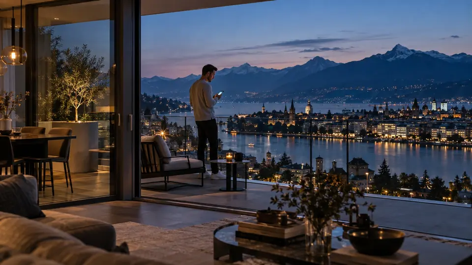 Illustration : balcon avec vue sur un lac et une ville au crépuscule ; une personne consulte son téléphone.