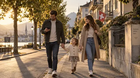 Illustration : trois personnes marchent dans une rue au bord d'un lac, un téléphone à la main.