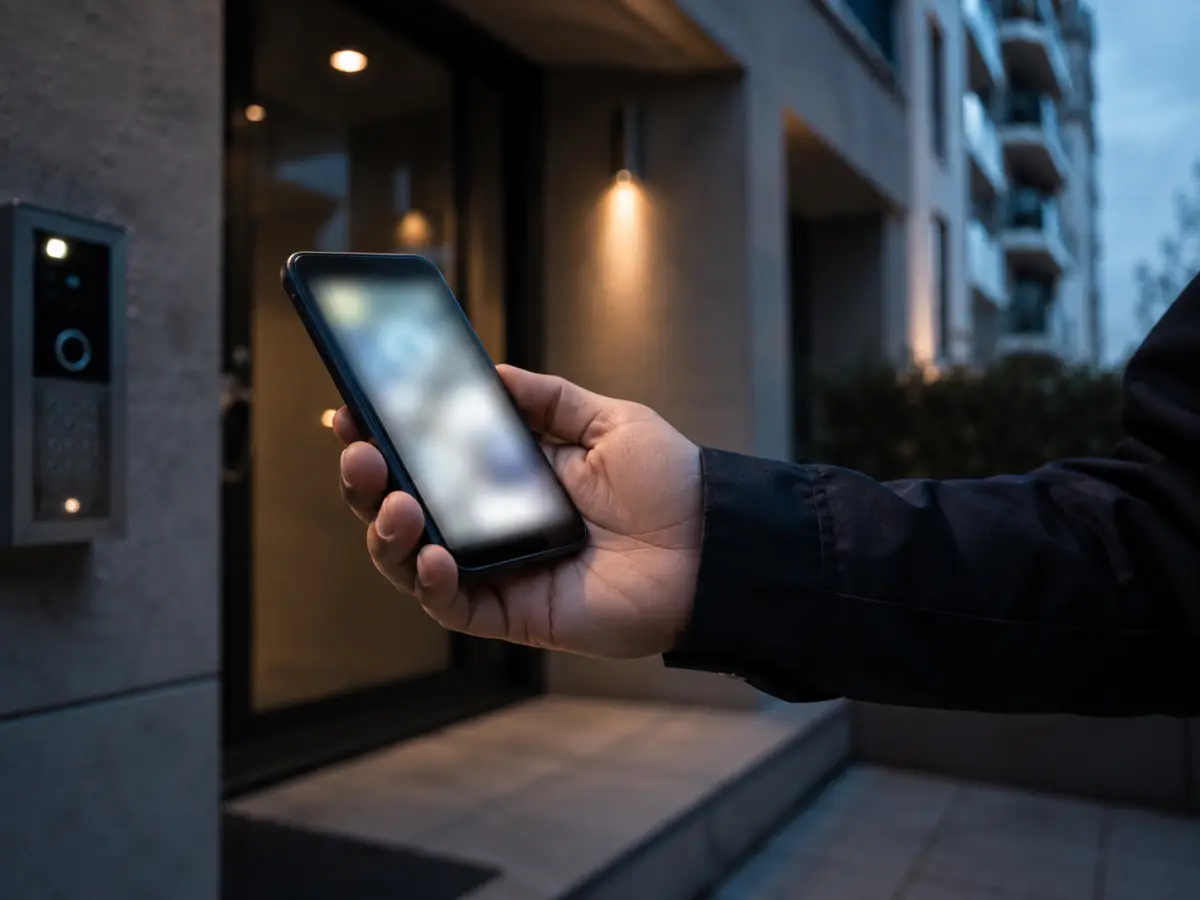 Main d'un agent tenant un téléphone devant l'entrée éclairée d'un immeuble, de nuit.