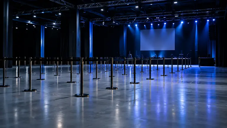 Salle d’événement avec barrières de filtrage, avant l’ouverture.