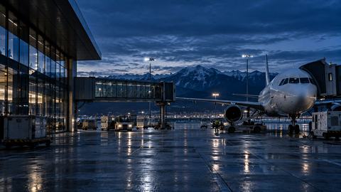 Illustration : un aéroport au crépuscule.